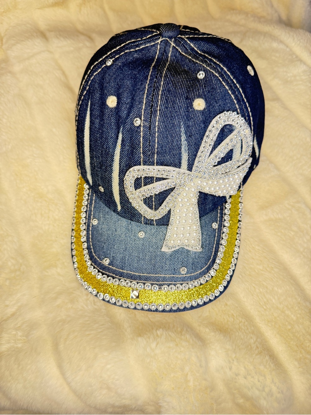 Denim Cap with Crystal Bow - Blue and Yellow - Picture 4 of 6